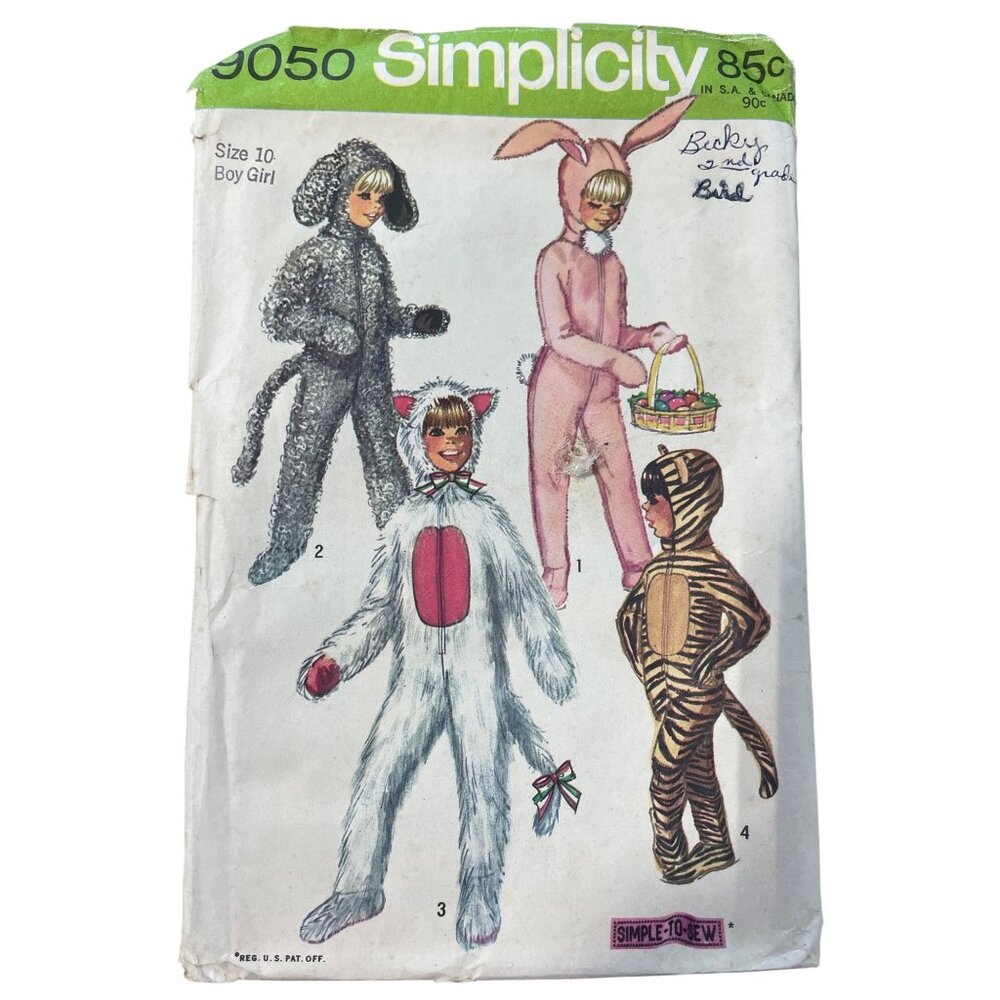 70s Simplicity 9050 Sewing Pattern Size 10 Boys & Girls Animal Costume Retro CUT